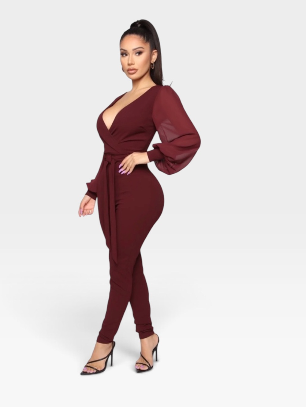 Fashion Nova Wine Wrap Jumpsuit with Sheer Bishop Sleeves - Picture 3 of 4